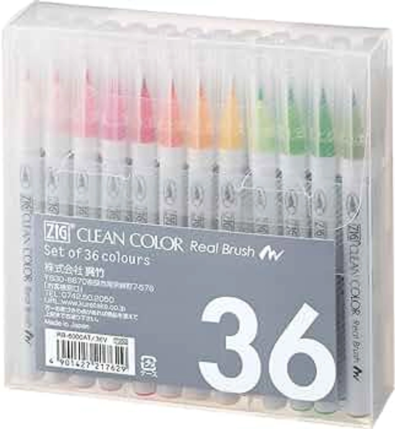 Kuretake Zig Clean Color Real Brush Set (36 Colors), Aquarelle Peinture Extra Fine Brush Pen, RB-6000AT/36V