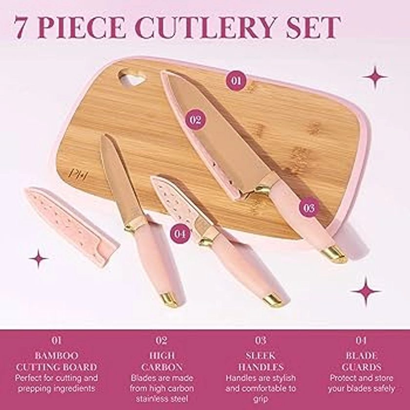 Paris Hilton Reversible Bamboo Cutting Board and Cutlery Set with Matching High Carbon Stainless Steel Knives, Blade Guards, Sleek Yet Comfortable Handle Grips, 7-Piece Set Gold, Pink