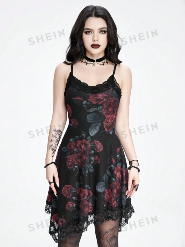 ROMWE Goth Vestido camisero gótico estampado con rosas para mujer
