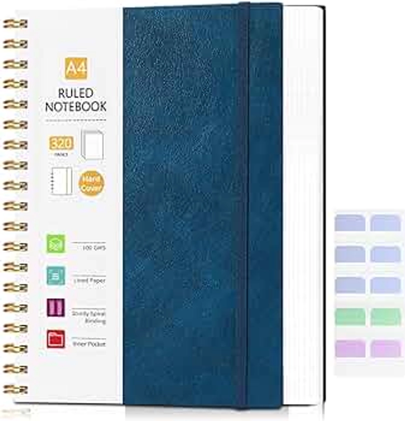 Cuaderno espiral de tapa dura, diario rayado con 320 páginas, diario forrado de cuero de 8.5''×11'' para mujeres, hombres, trabajo, escuela, 18 pestañas de índice, Azul