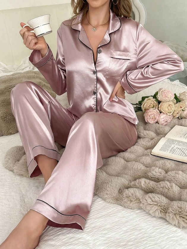 Women's Turndown Collar Long Sleeve Single-Breasted Top And Pants Satin Pajama Set