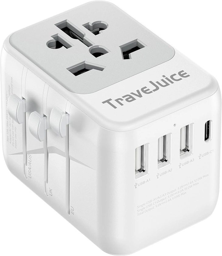 Universal Travel Adapter, TraveJuice Worldwide Travel Plug Adapter with 3 USB A and 1 USB C, Dual 10A Fuses, All in One International Power Adapter Socket Charger for EU, UK, US, AU, CN 150+ Countries