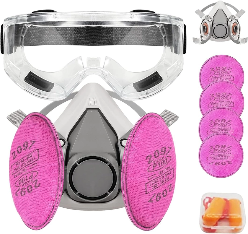 Half Facepiece Respirator, Reusable Respirator with 4Pcs 2097 Filter and Goggle Earplug for Paint, Dust, Organic Vapor, Epoxy resin, Cutting, Polishing and Other Work Protection : Amazon.co.uk: DIY & Tools