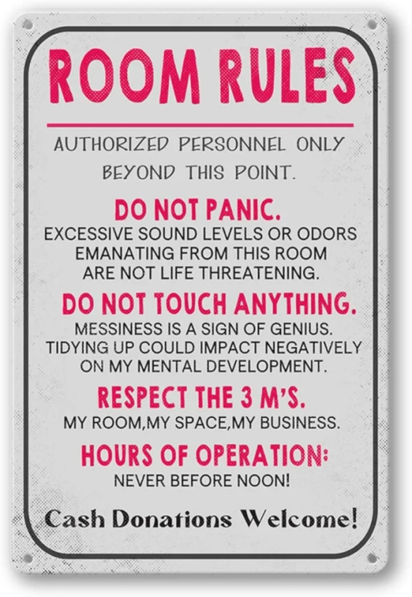 Room Rules Sign For Teen Girls Boy Bedroom/Gaming Room Door Decor Dorm Wall Accessories Cool Things, Funny Metal Tin Signs 12 X 8 In