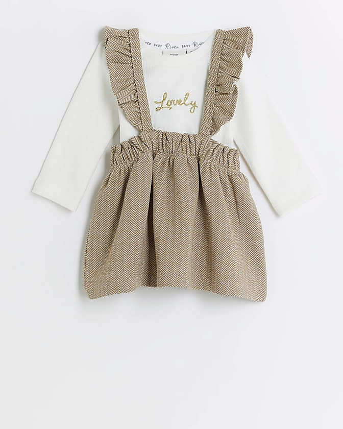 Baby girls beige jacquard pinafore dress set | River Island