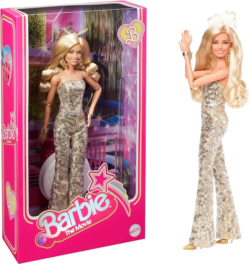 Barbie The Movie Doll, Margot Robbie as , Collectible Doll Wearing Gold Disco Jumpsuit with Glossy Curls and Golden Heels, HPJ99 : Amazon.co.uk: Toys & Games