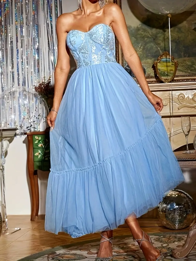 Sequined Tube Bridesmaid Dress Elegant Strapless Tulle - Temu