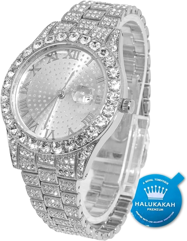 Halukakah Diamonds Gold Watch Iced Out,Men's 18K Real Gold/Platinum White Gold Plated 42MM Width Round Dial Quartz Wristband 9.5" with Cuban Link Chain 8"+18" Necklace Bracelet,Free Giftbox