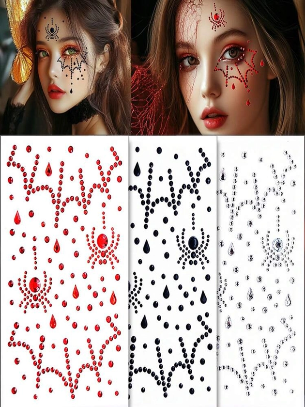 3 piezas de gemas faciales brillantes con forma de araña, incluye colores rojo, negro y blanco, adecuadas para Halloween, fiestas de vacaciones, actuaciones en el escenario, fiestas de boda, damas de honor, fiestas de cumpleaños, festivales de música, pegatinas DIY para ojos y rostro, fiestas de actuaciones de danza y maquillaje de escenario con gemas faciales de tatuaje falso