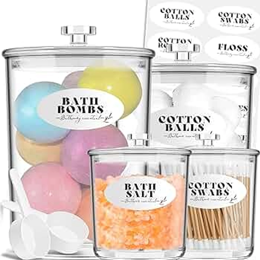 TIDIdea 4-Pack Bathroom Storage Containers for Bath Salt, Bath Bombs, Cotton Buds/Balls/Pads - Acrylic Apothecary Jars for Bathroom Decor - Ideal Organizer Storage Accessories