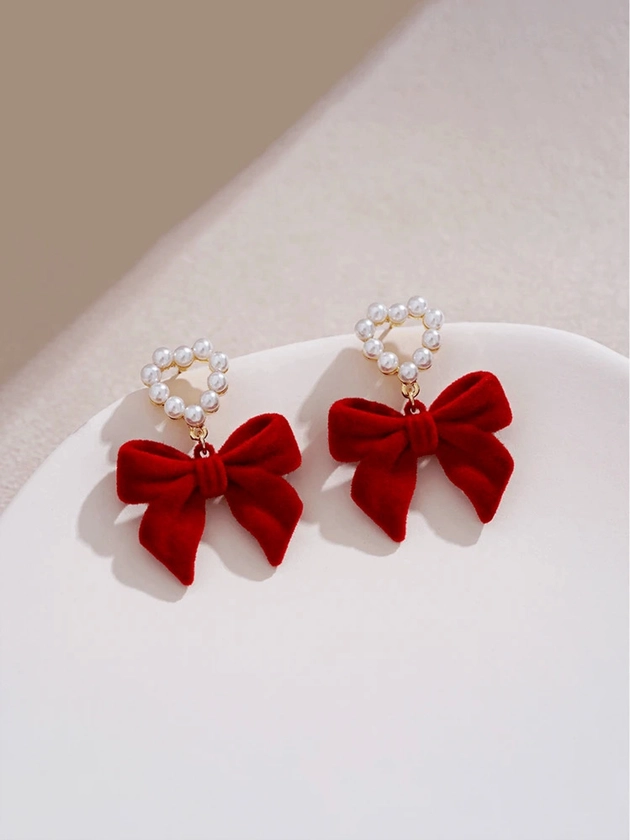 1pair Faux Pearl & Bowknot Decor Clip-On Earrings Suitable For Daily Wearing