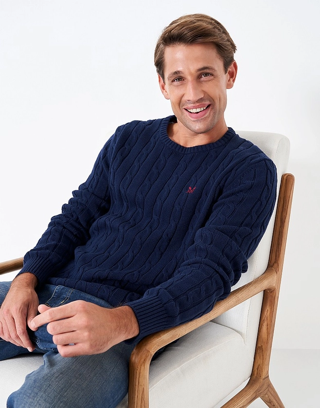 Crew Neck Cable Knit Organic Cotton Jumper in Navy