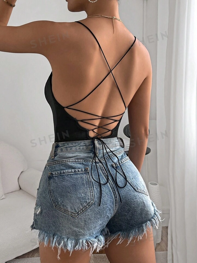 SHEIN Essnce Solid Lace Up Backless Cami Bodysuit