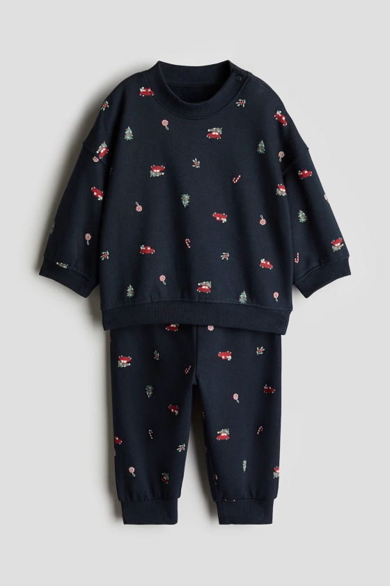 Ensemble 2 pièces en molleton - Bleu marine/motif - ENFANT | H&M FR