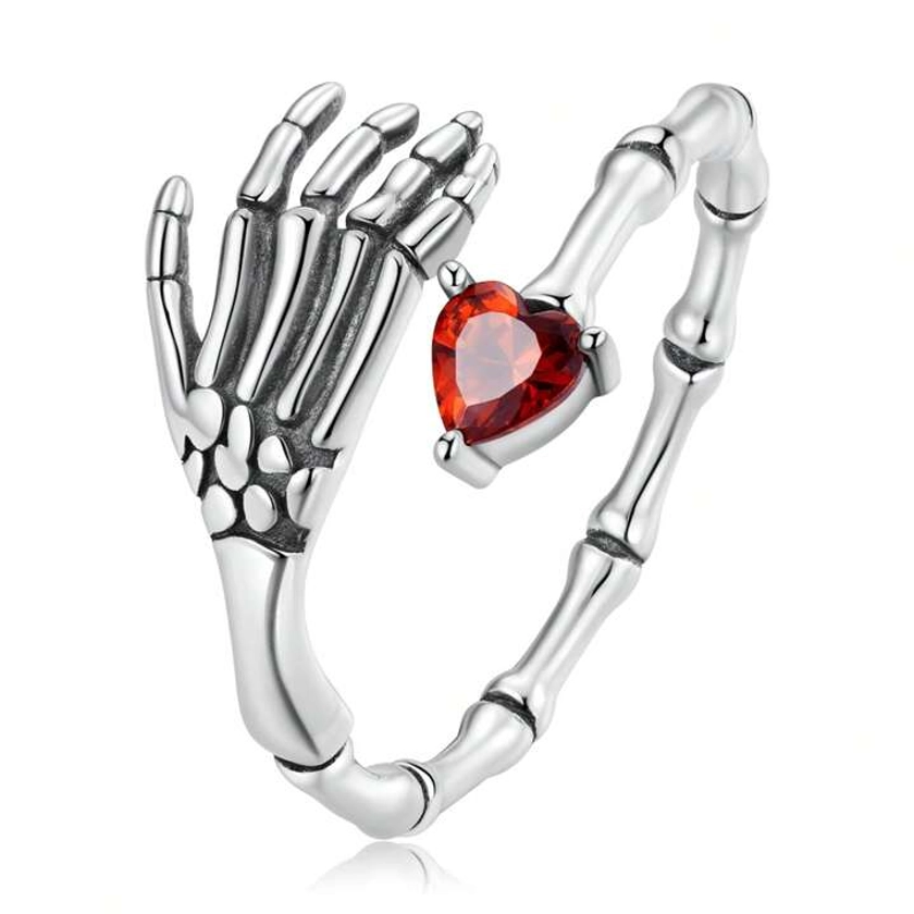 WOSTU 1 pieza Anillo de joyería de regalo de Halloween punk con apertura de mano de calavera, circonita cúbica con corazón rojo CZ de plata de ley 925 para mujer