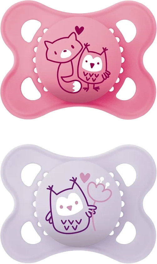 MAM Pure Lot de 2 tétines originales pour bébé en matériau durable et bio-renouvelable, avec boîte à tétines, pour bébé de 0 à 6 mois, chat/chouette