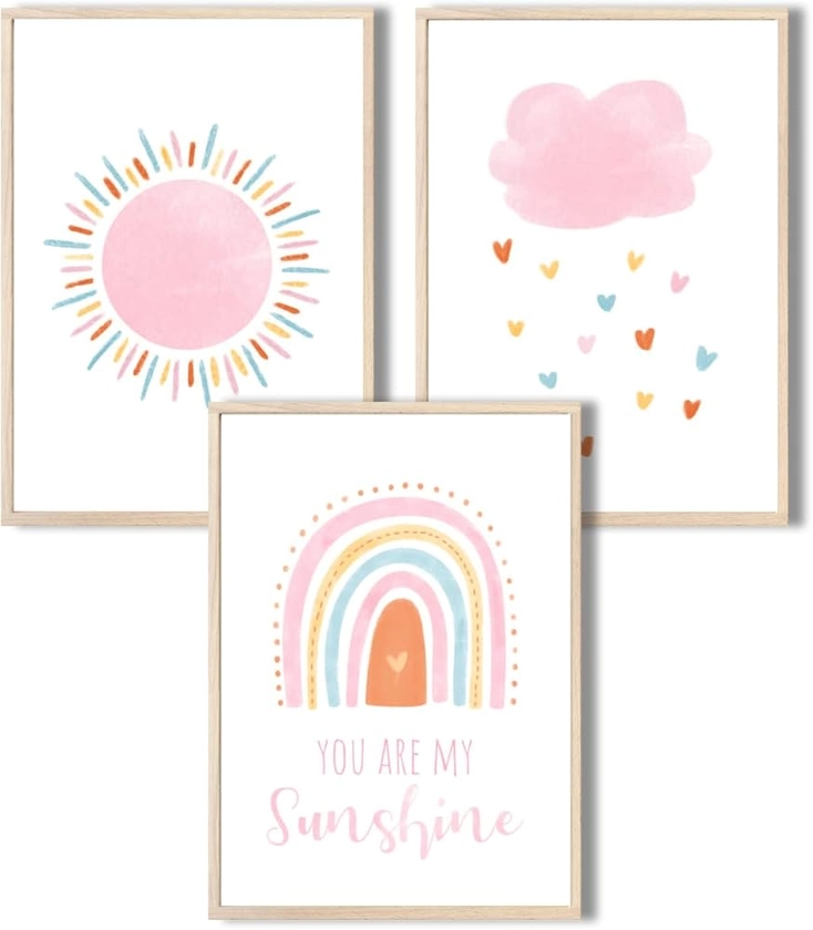 MeinBaby123® Set di poster per cameretta dei bambini, formato DIN A4, immagini da parete con scritta, decorazione per la cameretta dei bambini, decorazione da parete Premium (You are my sunshine)