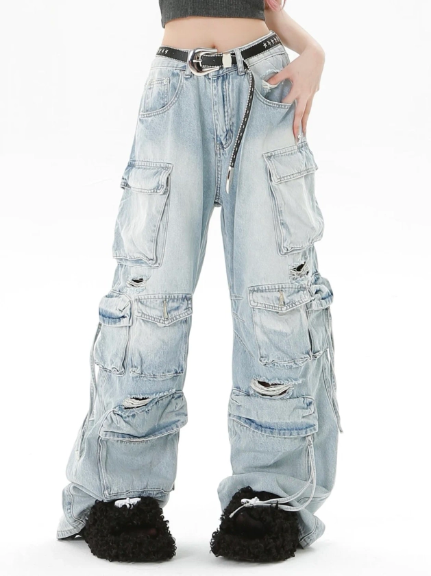 Latisha Streetwear Denim Washed Blue High Waist Straight Leg Multi-Pocket Distressed Jeans Cargo Pants