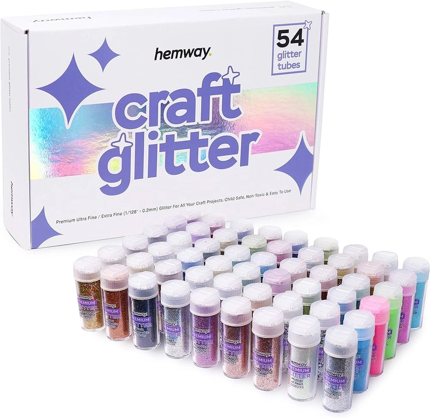Hemway Fine Glitter - 54 x 9.6g (0.34oz) Craft Glitter Shaker Set, Multi-Purpose Assorted Glitter Colours for Crafts, Resin, Art, Tumblers, Decorations, Eyeshadow, Makeup, Nails, Face, Hair, Festival : Amazon.co.uk: Stationery & Office Supplies