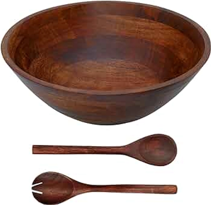 Luxe Designs Wooden Salad Bowl Set - Food Safe & Sustainable Decorative Bowl - Wood Bowl for Fruits, & Salads - Easy to Clean Large Salad Bowls Set w/Spoon, Fork – Wooden Bowls for Food (Dark Burnt)