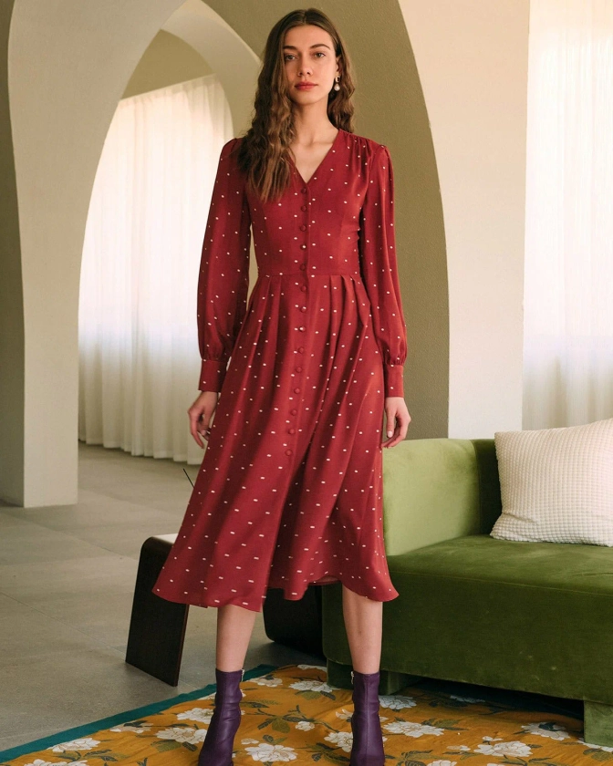 The Polka Dot Pleated Midi Dress - Pleated Long Sleeve Polka Dot V Neck Midi Dress - Brick Red - Dresses | RIHOAS