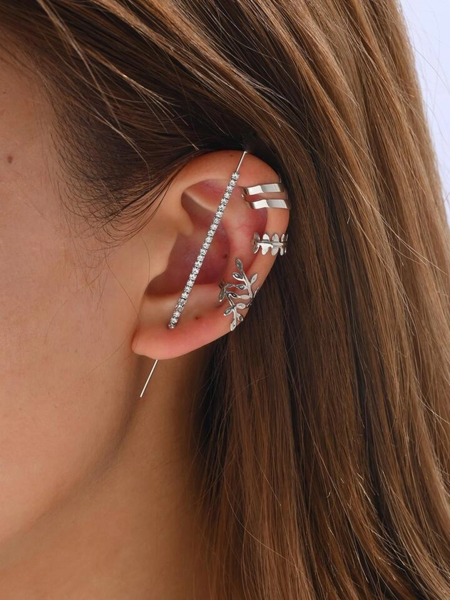 4pcs/set Long Bar Zirconia Ear Clip, Women's Party & Daily Simple Dating Jewelry Set