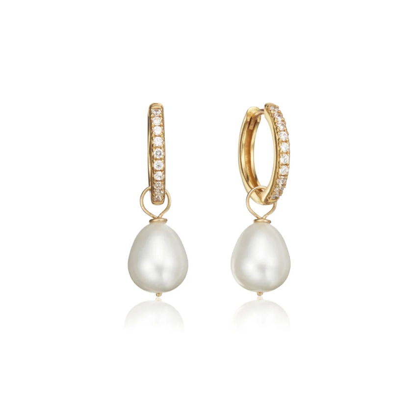 Gold Diamond Style Large Pearl Drop Hoop Earrings