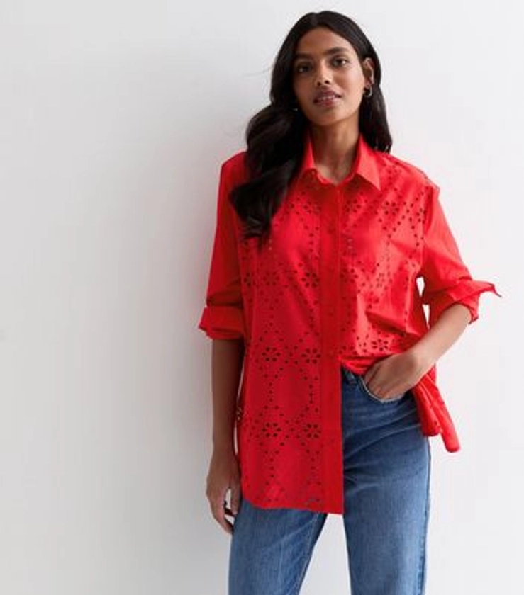 Red Cotton Broderie Front Shirt
