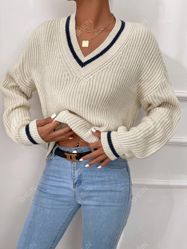 SHEIN Frenchy Striped Trim Drop Shoulder Cricket V Neck Sweater | SHEIN USA
