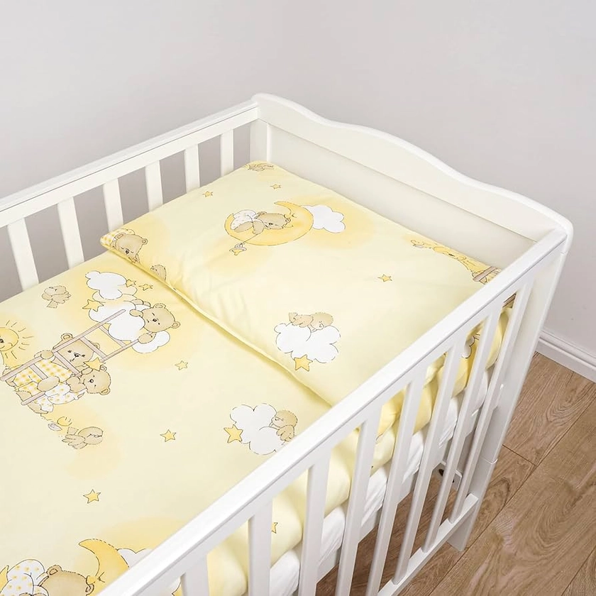 3 Piece Baby Bedding Set Cotton Patterned Quilt Duvet & Flat Pillow and Fitted Sheet for 120x60 cm Baby Cot (Ladders Yellow)