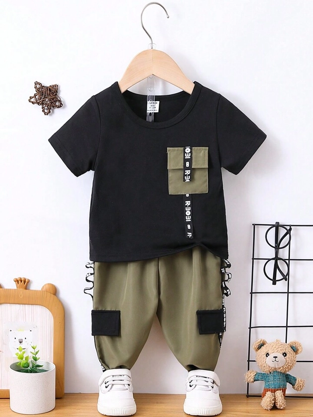 Baby Boys' Letter Print T-Shirt And Street-Style Fashionable Cargo Pants Set With Woven Belt