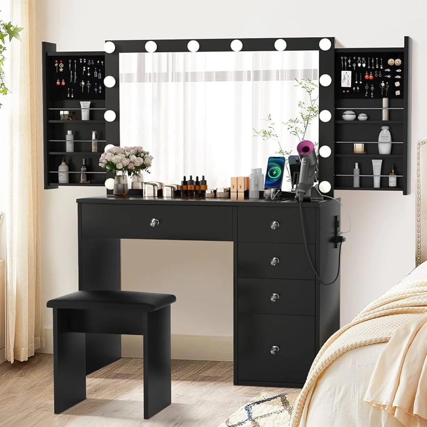 Makeup Vanity Desk with Lighted Mirror & Power Outlet & 5 Drawers, Vanity Table with 3 Lighting Modes Brightness Adjustable, Sliding Storage, Black Vanity Set for Bedroom