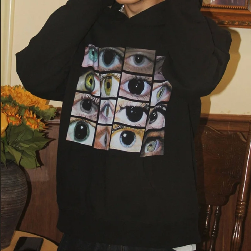 Sweat-Shirt à capuche pour femmes, Streetwear, Hip Hop, avec yeux imprimés, Y2K, Harajuku, pull-over, ample, décontracté, noir, automne