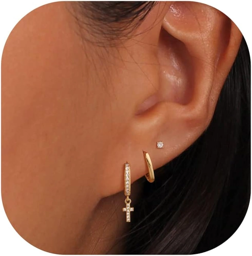 Stud Earrings for Women Dainty Gold Earrings|14k Gold Cartilage Earring Hypoallergenic|Flat Back Earring Set for Multiple Piercing Small Hoop Earrings Gift for Her