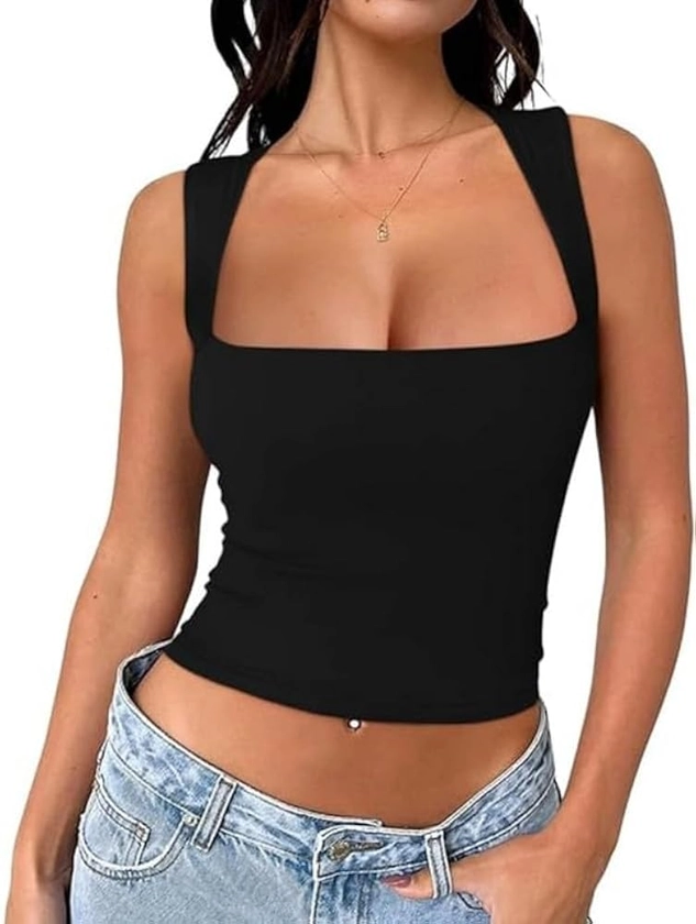 Haibang Débardeur Femme Col Carré Haut d'Été Sexy Slim Fit Crop Tank Tops sans Manches y2k Cami Top Chic et Élégant Sports Camisole Basique Caraco Classics Tee Shirt Tendance Vêtements Streewear