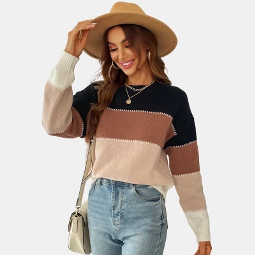 Women's Long Sleeve Colorblock Knit Round Neck Sweater-Cupshe-M-Brown