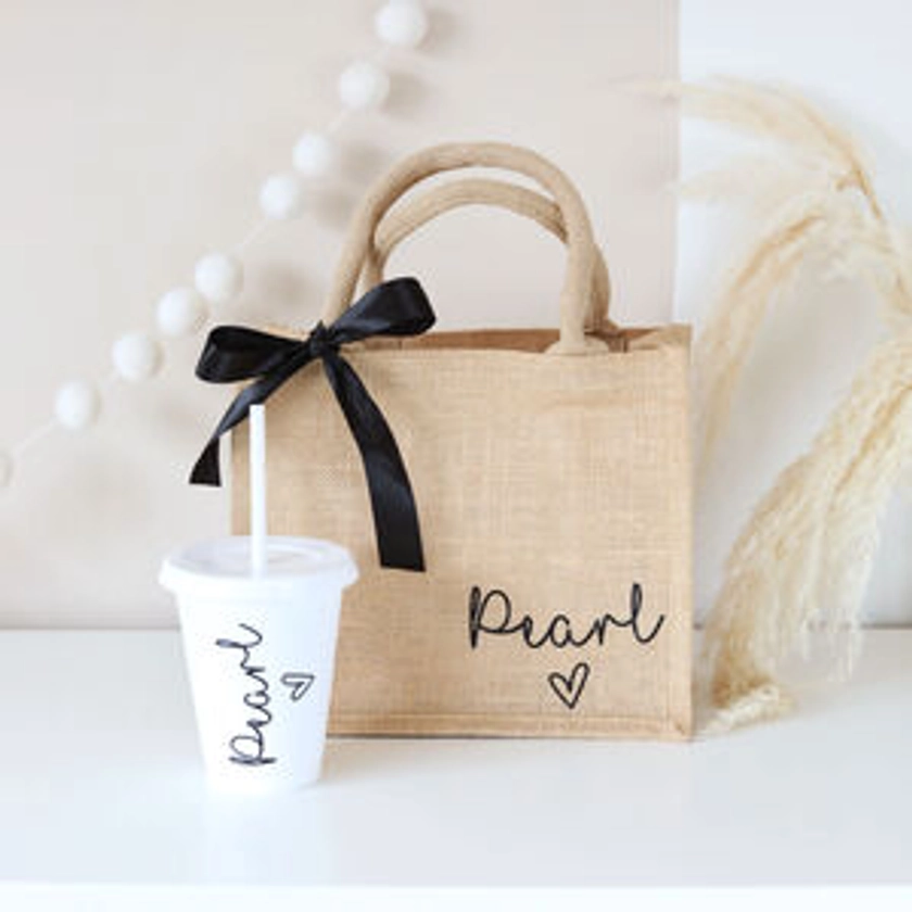 Personalised Mini Jute Bag And Cold Cup Set