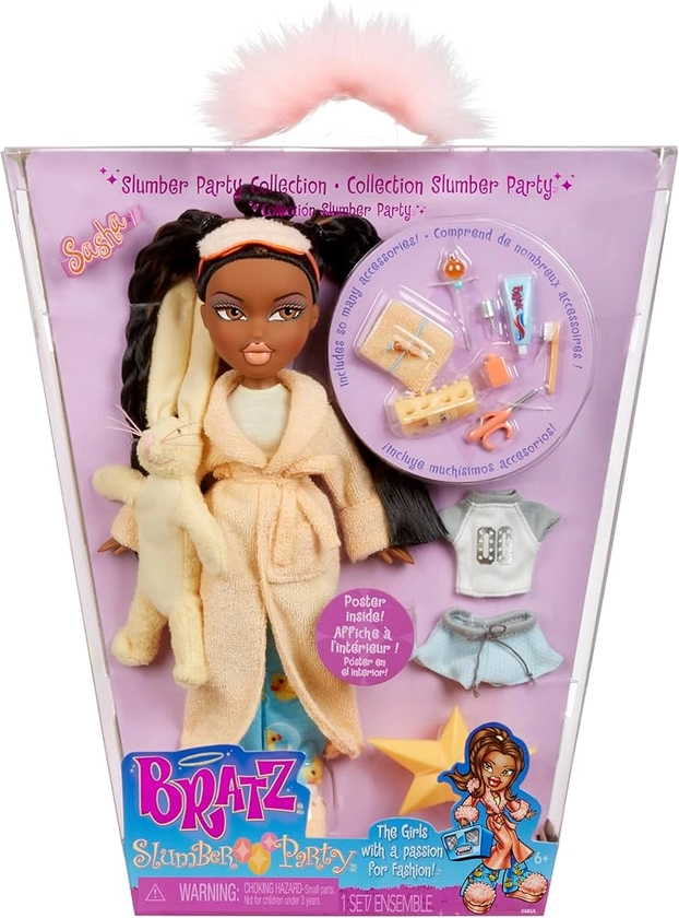 Bratz Slumber Party - Sasha Fashion Doll - With 2 Sets of Pyjamas, Plush, and Accessories - Suitable for Kids and Collectors