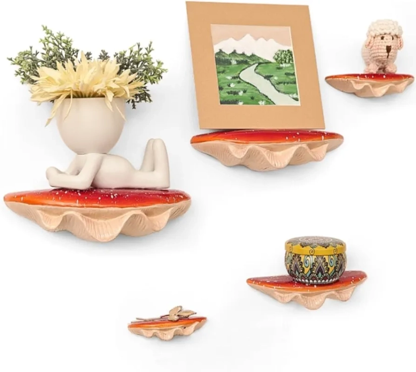 Red Mushroom Shelves Decoration - 5PCS Floating Display Goblincore Shelves, Small Wall Shelf for Bedroom, Cottagecore Aesthetic Furniture, Forest Decor, Reptile, Leopard Gecko Tank Accessories