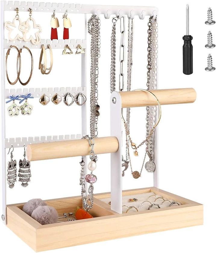 Mkitnvy Présentoir à bijoux porte-chaîne en Metal et Bois Durable,4 niveaux, avec Plateau et Crochets,rangement pour bagues, boucles d'oreilles,bracelets, montres et accessoires : Amazon.fr: Mode