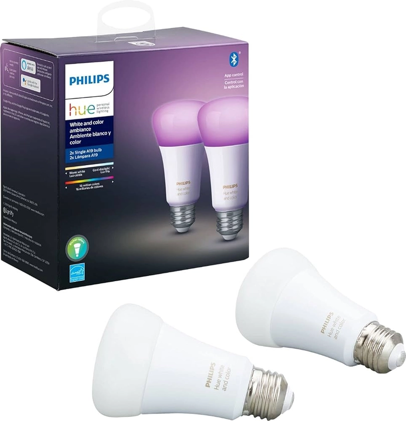 Philips Hue Premium Smart Bulbs, 16 Million Colors, for Most Lamps & Overhead Lights, Hub Required, Compatible with Alexa, Apple HomeKit and Google Assistant (2 Pack) - Amazon.com