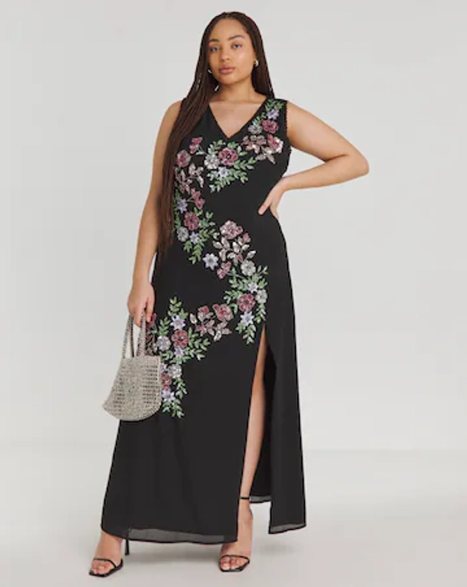 Maya Curve Floral Embellished Front Split Maxi Dress | Simply Be