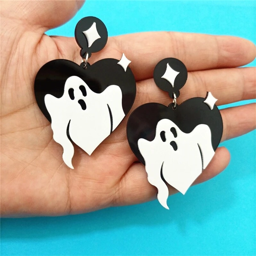 KUGUYS pendientes de gota de corazón fantasma para mujer, placa de empalme blanca y negra, accesorios de joyería de acrílico para Halloween - AliExpress