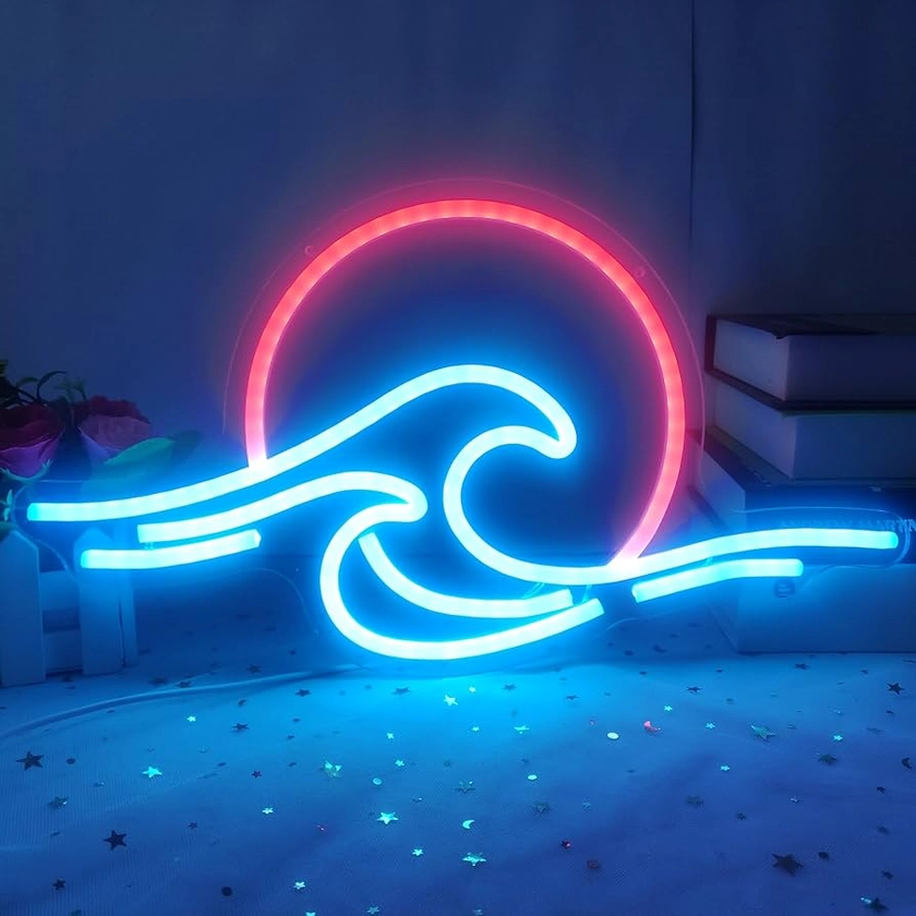 Sunrise Sunset Neon Sign Dimmable Wave Neon Sign Tropical Bedroom Decor Sunrise Neon Sign Surf Room Decor Ocean Neon Sign for Living Room Bedroom Office Bar Birthday Party Christmas (Ice blue,Red)