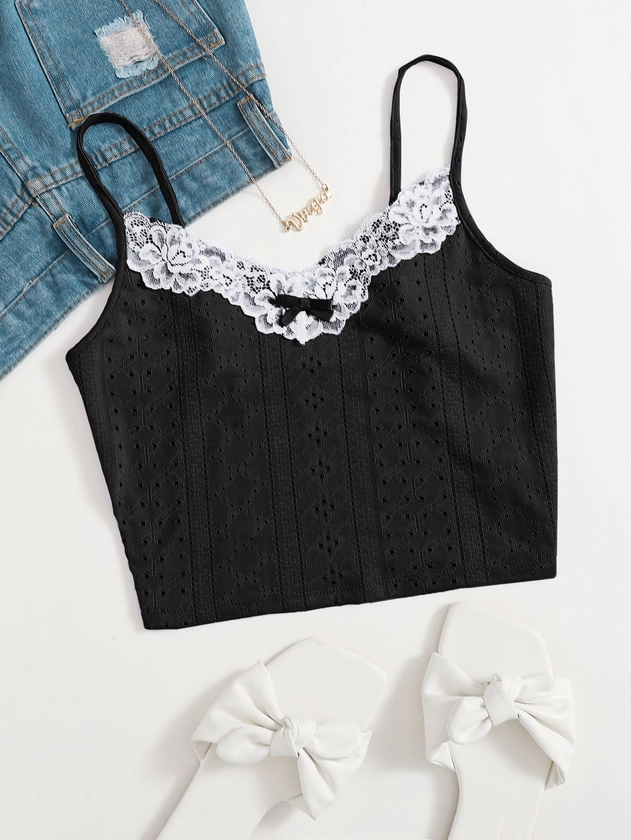 SHEIN Lace Trim Bow Front Cami Top