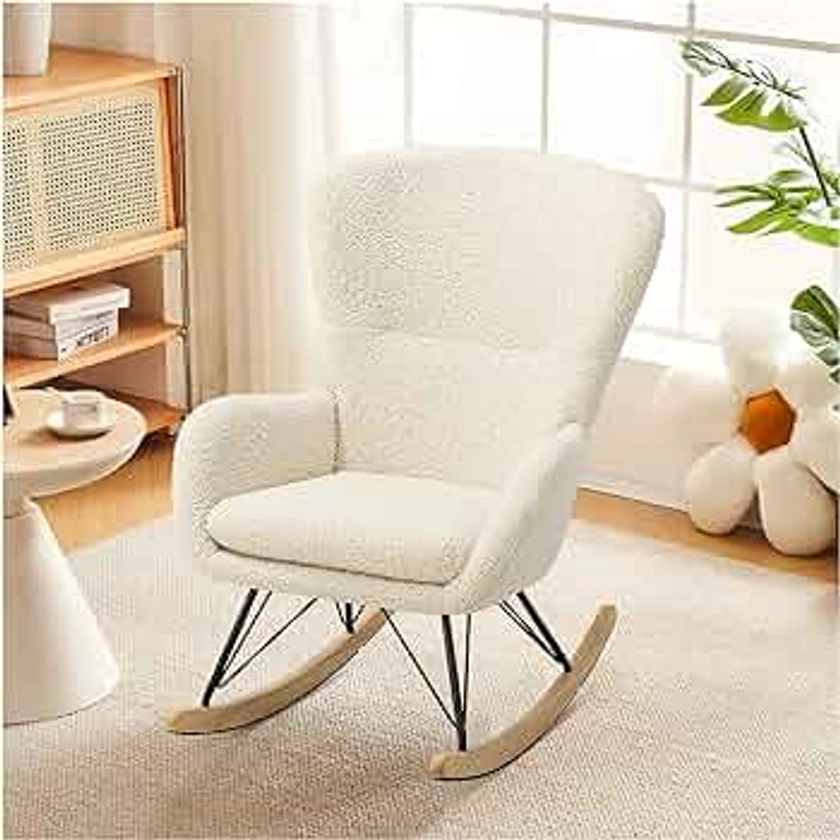 INMOZATA Teddy Rocking Chairs for Adults Sherpa Nursery Rocking Chair Relaxing Recliner Chair Boucle Rocking Chair with Solid Wood Legs High Back Rocking Chairs for Balcony Living Room Bedroom(Beige)