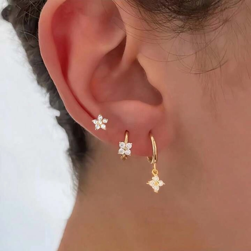 3 Pieces Fashion Geometric Earrings With Micro Zirconia Flower Earrings Set, Light Luxury Women's Personalized 3-Piece Gold Earrings Set Gift For Women