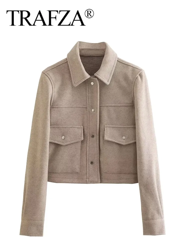 TRAFZA-Jaqueta com bolsos frontais sólidos de manga comprida feminina, casaco elegante, Casacos casuais, botão, moda outono