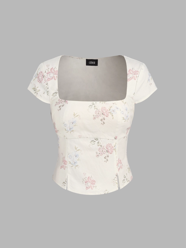 Woven Cotton 100% Cotton Square Neck Floral Top For Date