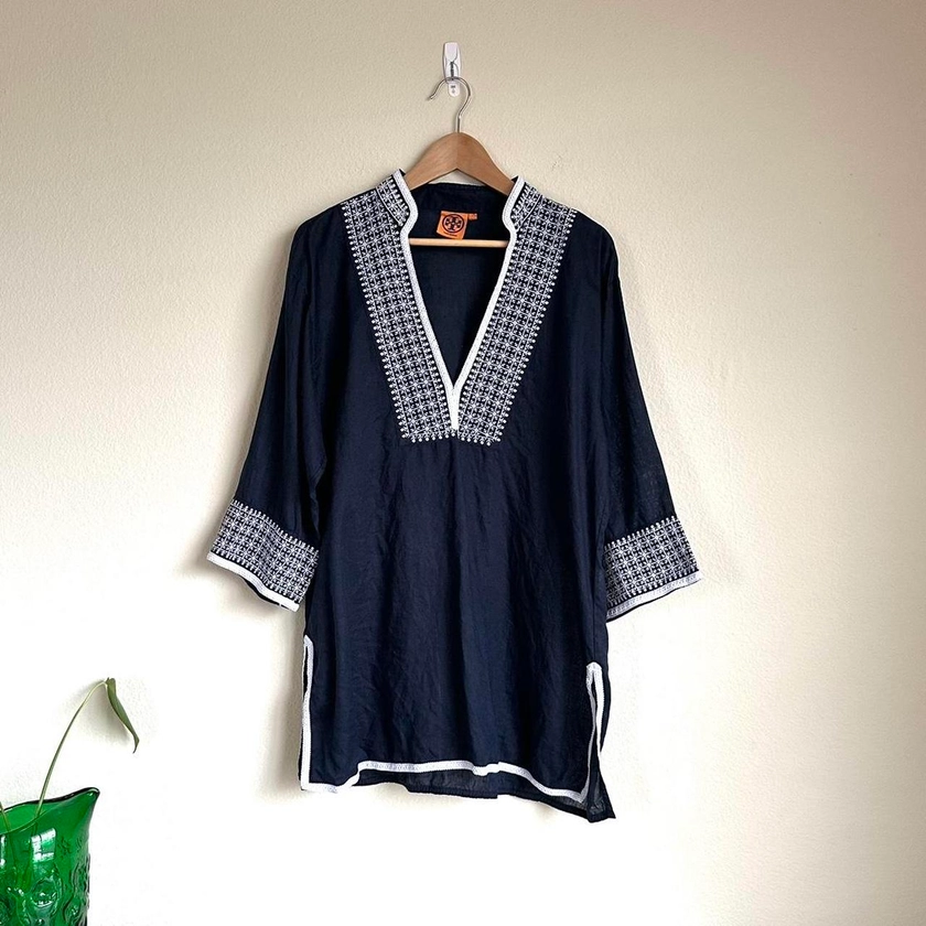 Tory Burch Beachy Navy Linen Tunic. Navy linen with... - Depop